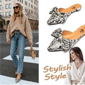 - ✖️POINTY MULE SNAKE PRINTED BOW WOMANS FLAT SHOE *NEW*